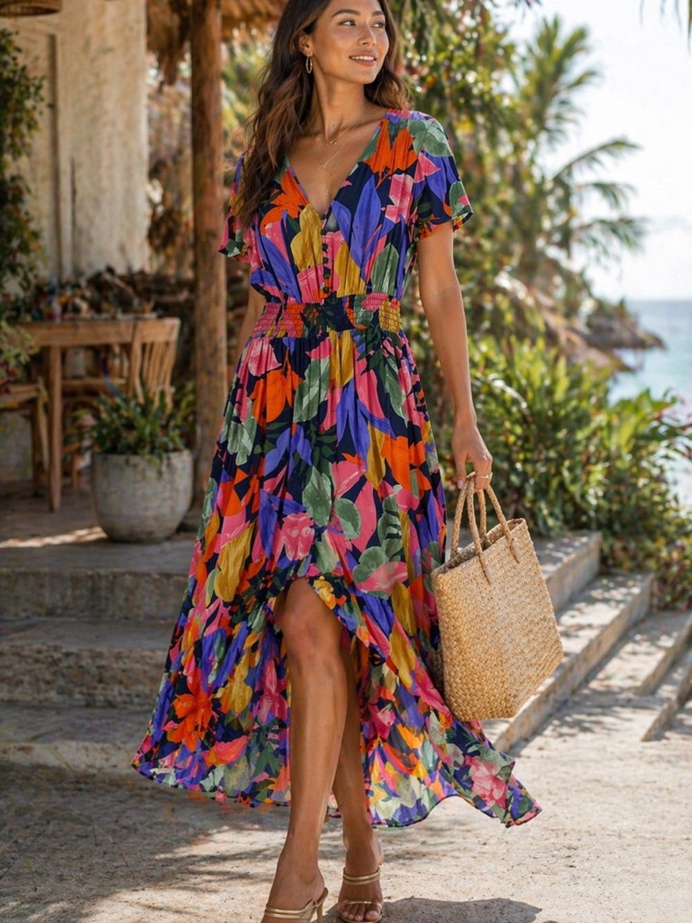 Abel The Label Tropical Midi Dress Multicolor XS Boho Vacation Summer Resortwear